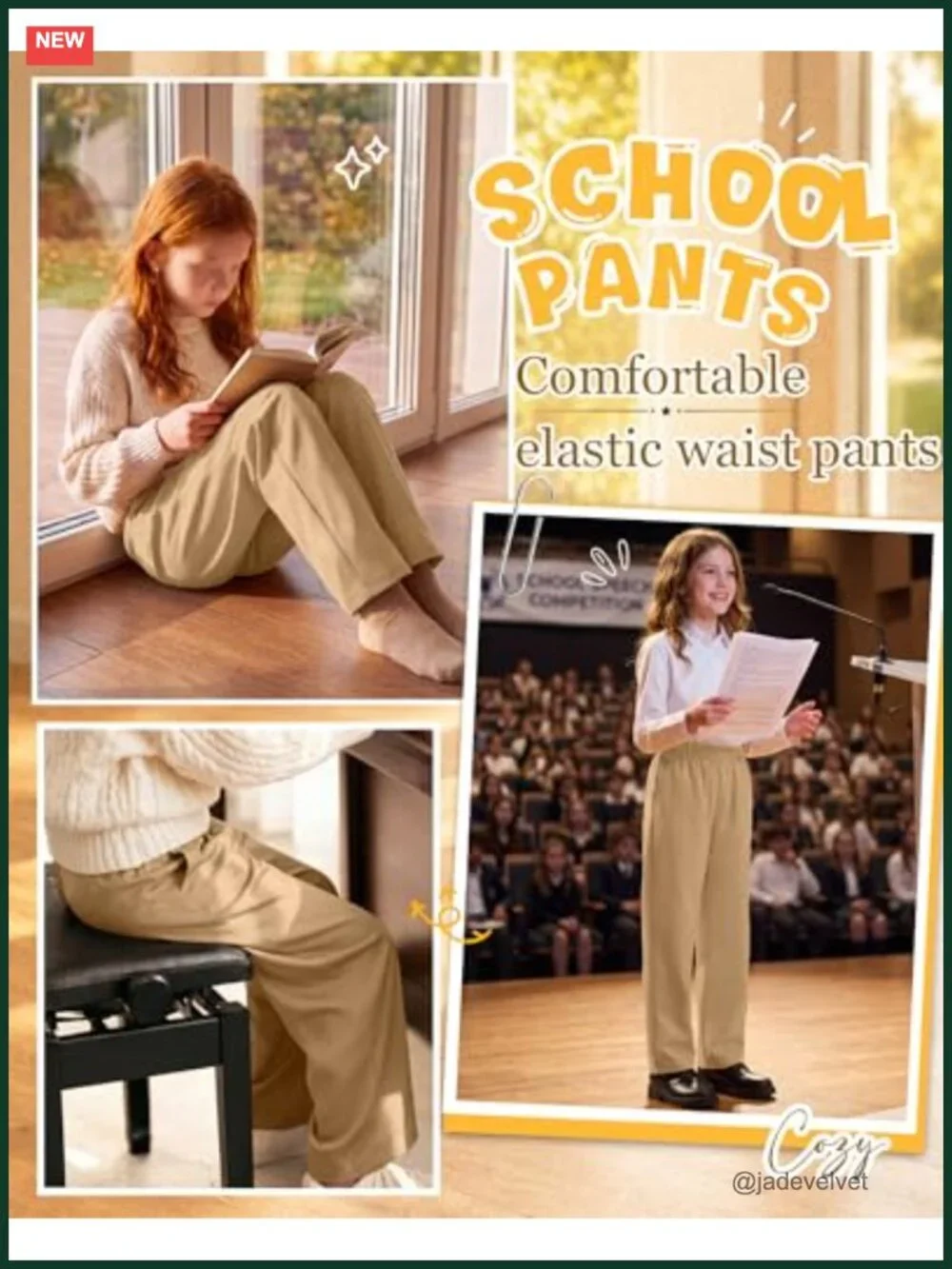 3 Pack Girls School Uniform Pants Straight Fit Twill Elastic Waist with Pockets